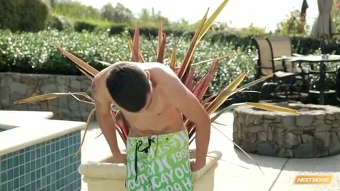 Beau gosse se branle au bord de la piscine