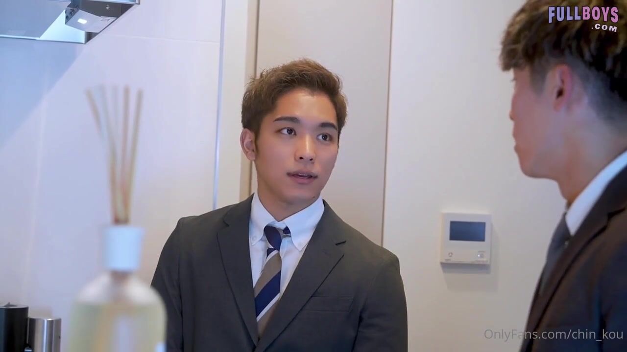 Handsome Japanese office guy making love