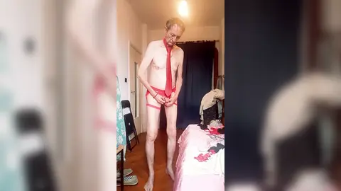 nude but chic wearing a red tie and sexy underwear