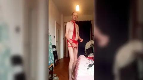 nude but chic wearing a red tie and sexy underwear