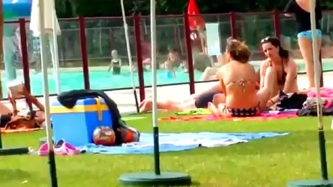 Teen Twink Jerks Off in Public Outside A Pool, And Cums in His Swimsuit Then He Licks