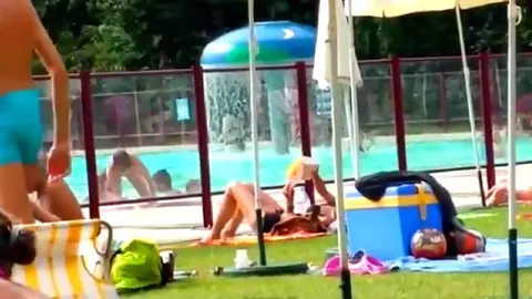 Teen Twink Jerks Off in Public Outside A Pool, And Cums in His Swimsuit Then He Licks