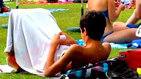 Teen Twink Jerks Off in Public Outside A Pool, And Cums in His Swimsuit Then He Licks