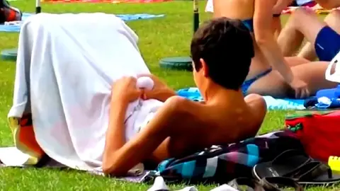 Teen Twink Jerks Off in Public Outside A Pool, And Cums in His Swimsuit Then He Licks
