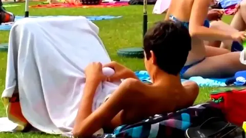 Teen Twink Jerks Off in Public Outside A Pool, And Cums in His Swimsuit Then He Licks