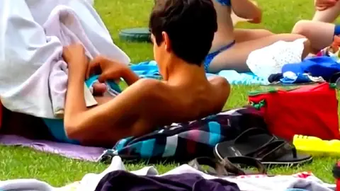 Teen Twink Jerks Off in Public Outside A Pool, And Cums in His Swimsuit Then He Licks