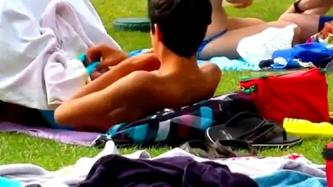 Teen Twink Jerks Off in Public Outside A Pool, And Cums in His Swimsuit Then He Licks