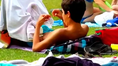 Teen Twink Jerks Off in Public Outside A Pool, And Cums in His Swimsuit Then He Licks