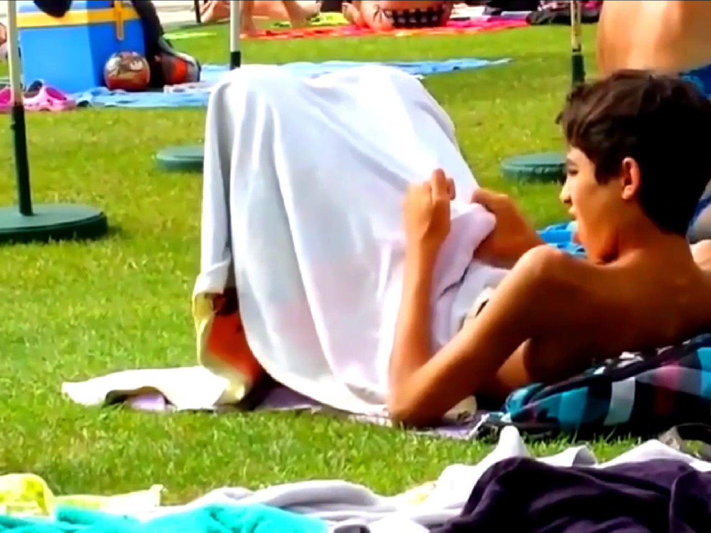 Teen Twink Jerks Off in Public Outside A Pool, And Cums in His Swimsuit Then He Licks